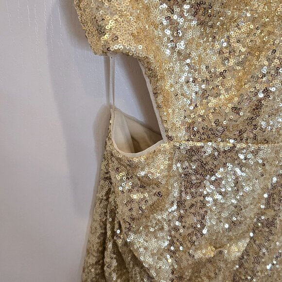 BCBGMAXAZRIA Gold Sequin One-Shoulder Mini Dress Draped Detailing Side Cutout XL - Picture 5 of 16